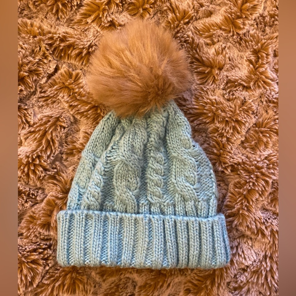 NWOT Anthropologie knit blue winter hat with puff